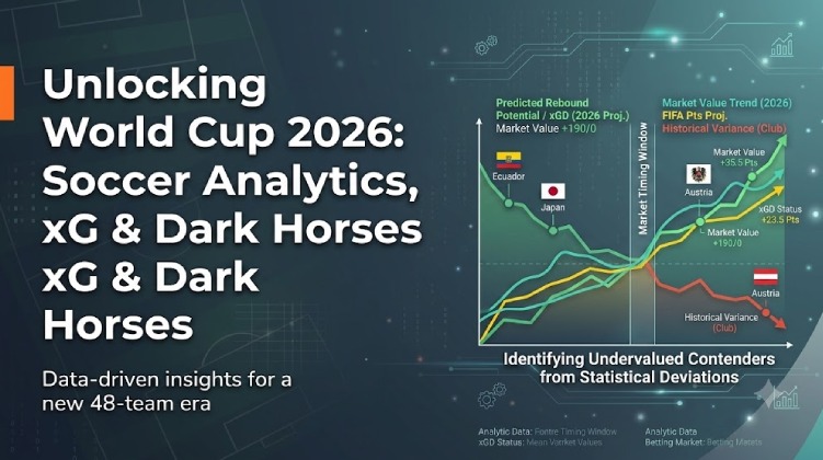 Unlocking World Cup 2026: Soccer Analytics, xG & Dark Horses The landscape of international soccer is undergoing a data-driven revolution. Gone are the days when managers and analysts relied solely on the "eye test" or gut feelings to evaluate a team's performance. As we approach the monumental World Cup 2026 in the United States, Canada, and Mexico, the expanded 48-team format presents a unique mathematical and tactical puzzle. For football purists, tactical analysts, and those looking to find value in soccer odds, understanding underlying metrics is no longer optional—it is a necessity. A team might win a match 1-0, but did they truly dominate, or were they simply rescued by an extraordinary goalkeeping performance and a lucky bounce? In this comprehensive guide, we will unlock the secrets of World Cup 2026 through the lens of modern soccer analytics. We will demystify crucial stats like Expected Goals (xG), examine how data predicts sustainable success in a knockout tournament, and utilize these numbers to identify the early dark horses who are primed to shock the world on the biggest stage. The Analytical Revolution in International Soccer In club soccer, teams play 38 to 46 league games a season. Over such a massive sample size, luck tends to balance out, and the team with the best underlying statistics usually wins the title. International soccer, however, is a game of extreme variance. A World Cup campaign lasts a maximum of eight games (under the new 2026 format). In such a short sprint, a single contentious refereeing decision, a deflected shot, or a momentary lapse in concentration can eliminate a giant. This is exactly why national federations and professional soccer analysts are leaning heavily into data. Analytics help strip away the "noise" of luck and variance. By focusing on performance metrics rather than just the final score, analysts can predict future outcomes with a much higher degree of accuracy. Key Metrics Defining Modern Soccer To understand the World Cup 2026 landscape, you must be familiar with the holy trinity of modern soccer analytics: xG (Expected Goals): Measures the quality of a goalscoring chance. It calculates the probability (from 0.00 to 1.00) of a shot resulting in a goal based on historical data (distance, angle, body part, type of pass). xGA (Expected Goals Against): The exact same metric, but applied to the defense. A team with a consistently low xGA is structurally sound and rarely gives away high-quality chances. PPDA (Passes Allowed Per Defensive Action): A metric used to quantify the intensity of a team's high press. A lower PPDA means a team presses aggressively and disrupts the opponent's build-up play effectively. Demystifying xG: The Truth Teller of Soccer If there is one metric that will define the analytical coverage of World Cup 2026, it is Expected Goals (xG). But how exactly does it help us analyze the game better? Imagine a Group Stage match between a Pot 1 giant (e.g., Spain) and a Pot 4 debutant. The match ends in a shocking 1-1 draw. The global media might declare a crisis for Spain. However, a look at the data reveals: Spain xG: 3.25 Debutant xG: 0.12 Spain generated enough high-quality chances to score three goals comfortably, but suffered from poor finishing or an inspired performance by the opposition goalkeeper. The debutant scored a fluke goal from 35 yards out (a 0.02 xG chance). For an analyst, the conclusion is clear: Spain’s tactical system worked perfectly. There is no need for the manager to panic or change the lineup. Conversely, the debutant was incredibly lucky and their performance is entirely unsustainable. If you are looking at early soccer odds for the next round of matches, the smart value remains firmly with Spain, while betting against the debutant in their next match offers a logical edge. xG Difference (xGD) in Tournament Play The true mark of a World Cup contender is a positive xG Difference (xGD)—which is calculated by subtracting xGA from xG. Team Profile xG Produced xGA Conceded xGD Status Analytical Verdict The Contender High (>2.0 per game) Low (1.5 per game) Low (